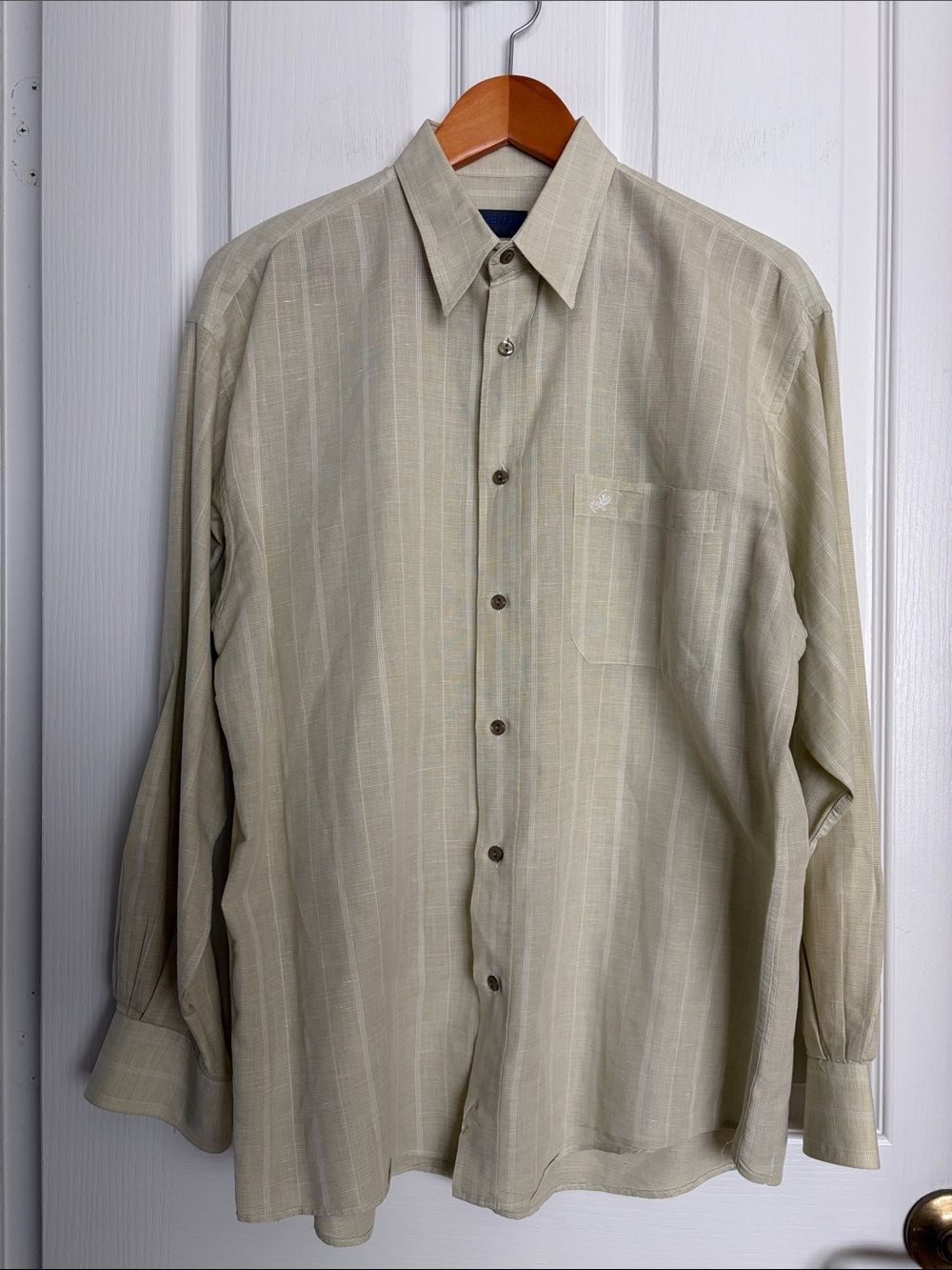 Vintage Kenzo  - Men's Light Olive Striped Button-Down Linen Shirt